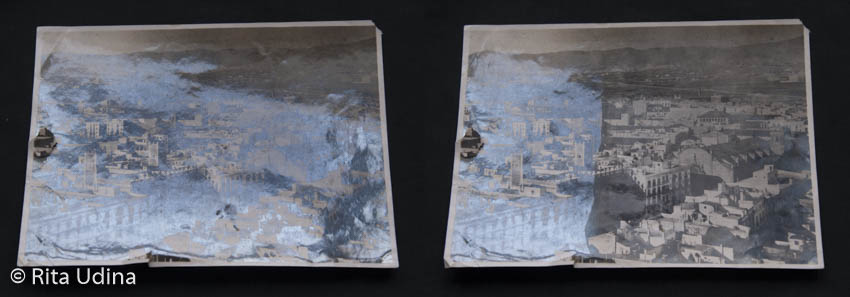 Paper positive photograph with silver mirroring before treatment (left) and during treatment (right). (only right side is done). Silver gelatin positive on paper.