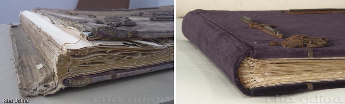 Left: Before restoration. Detail of the tail gilt edge. The straight spine with recessed-cord sewing. The front cover and spine are loose, and the tail headband is lost. Right: After restoration. The velvet has been replaced, keeping the original decorative elements. The lost headband has been reestablished by a similar one to the fore-edge.