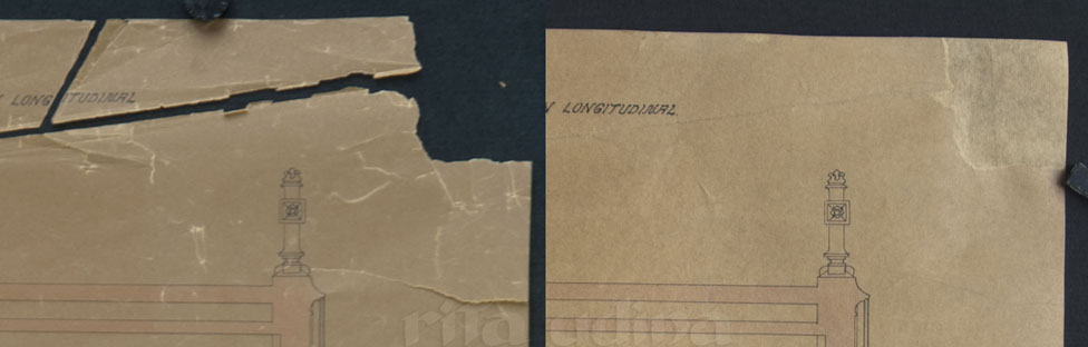 Detail of paper after and before restoration (TRANSPARENCY)