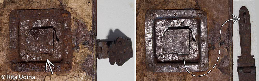 Bookbinding conservation: Inner back cover with inlayed lock (before and after rust removal)