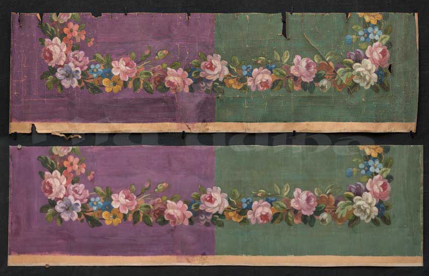 Gouache drawing on paper before (top) and after conservation (bottom) Conservation of preliminary drawing for a tapestry: an oversized gouache on paper