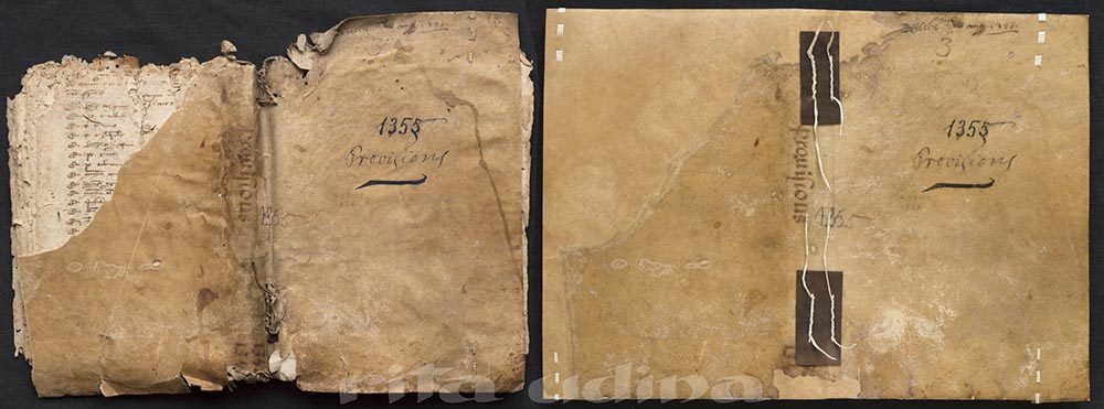 Rolled sewing on medieval limp vellum binding, before and after conservation
