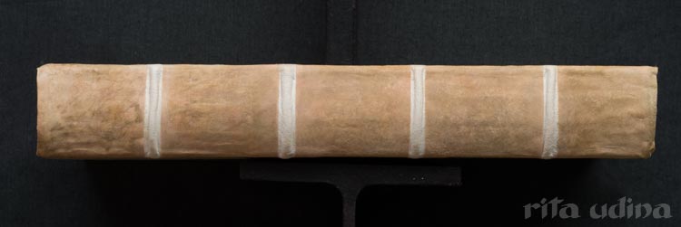 Lomo hendido. Encuadernación de tapas rígidas en pergamino y lomo hendido. Libro del s.XVII de astronomía, de Cristóbal Clavio.